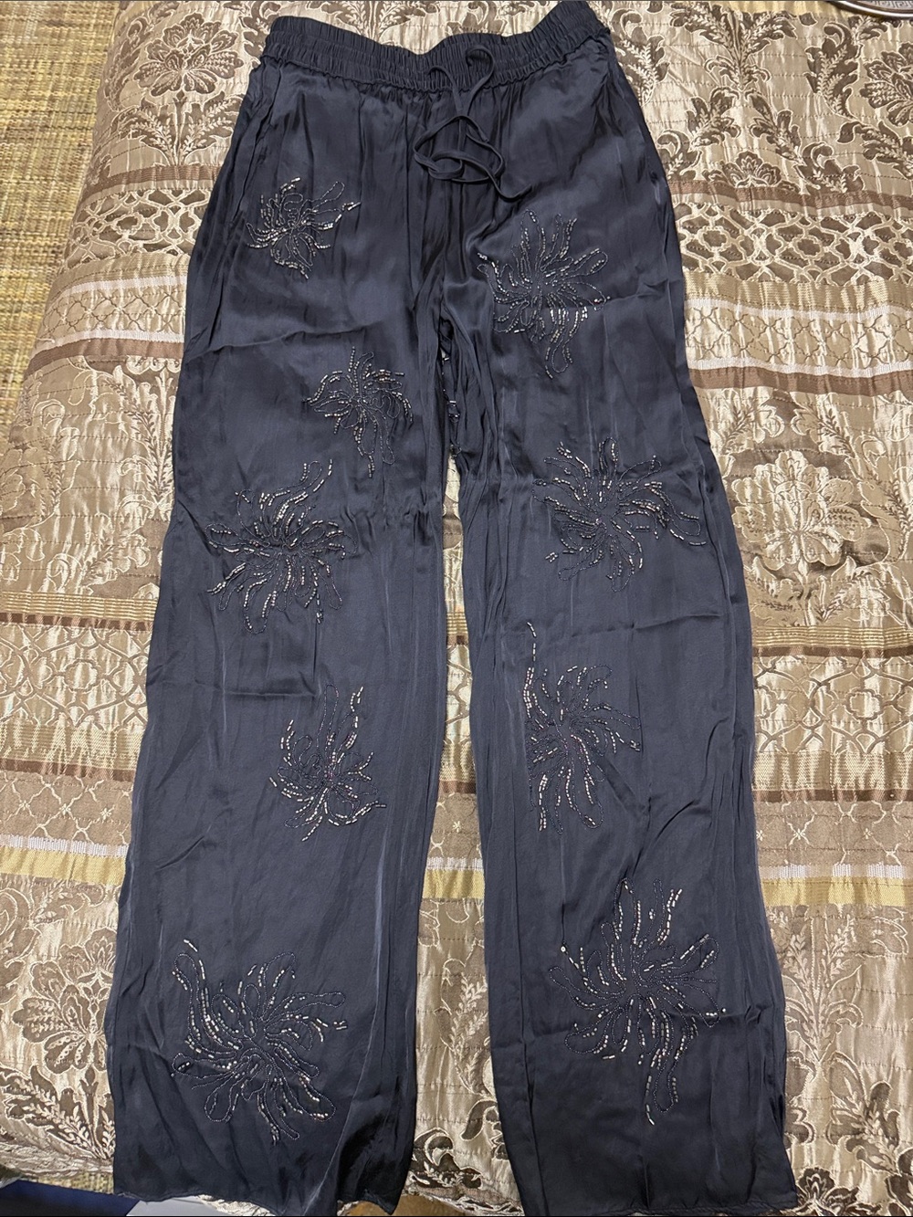 Zara Navy Blue Straight Leg Embellished Pants